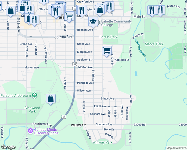 map of restaurants, bars, coffee shops, grocery stores, and more near 900 South 14th Street in Parsons