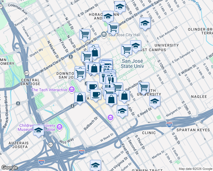 map of restaurants, bars, coffee shops, grocery stores, and more near South 3rd Street & East San Carlos Street in San Jose