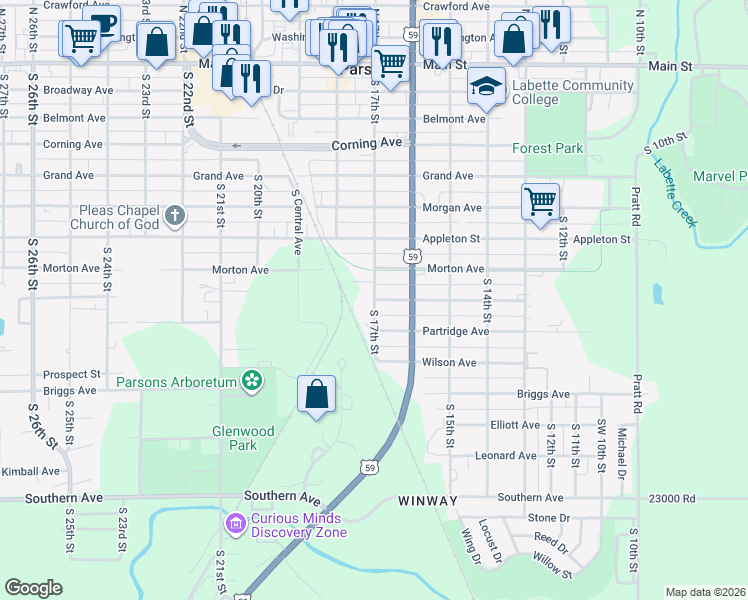 map of restaurants, bars, coffee shops, grocery stores, and more near 896 South 17th Street in Parsons