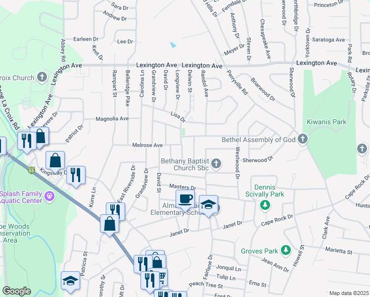 map of restaurants, bars, coffee shops, grocery stores, and more near 1820 Delwin Street in Cape Girardeau