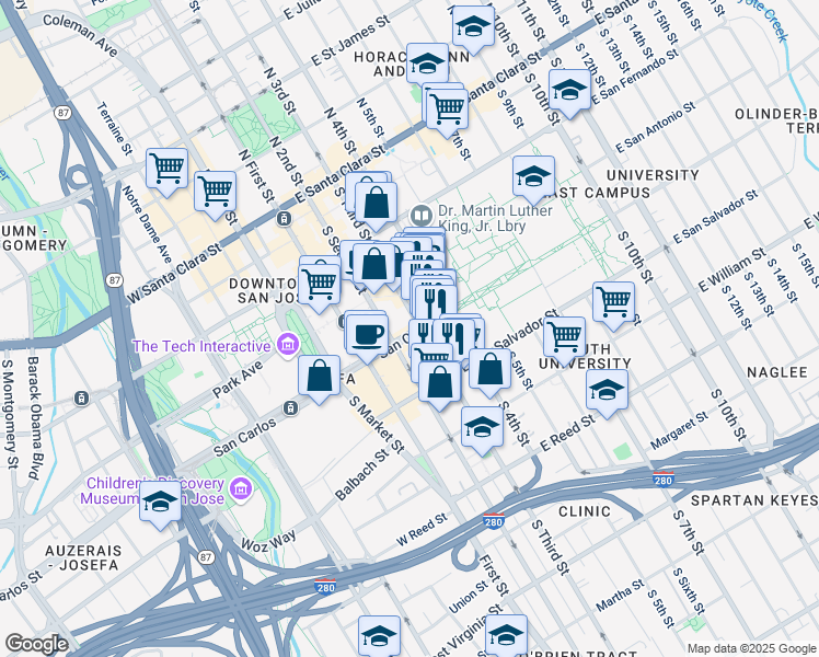 map of restaurants, bars, coffee shops, grocery stores, and more near 308 South 2nd Street in San Jose