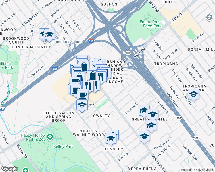 map of restaurants, bars, coffee shops, grocery stores, and more near 1164b McLaughlin Avenue in San Jose