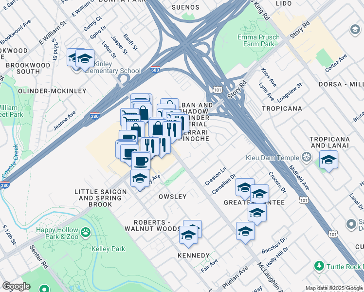 map of restaurants, bars, coffee shops, grocery stores, and more near 1164b McLaughlin Avenue in San Jose