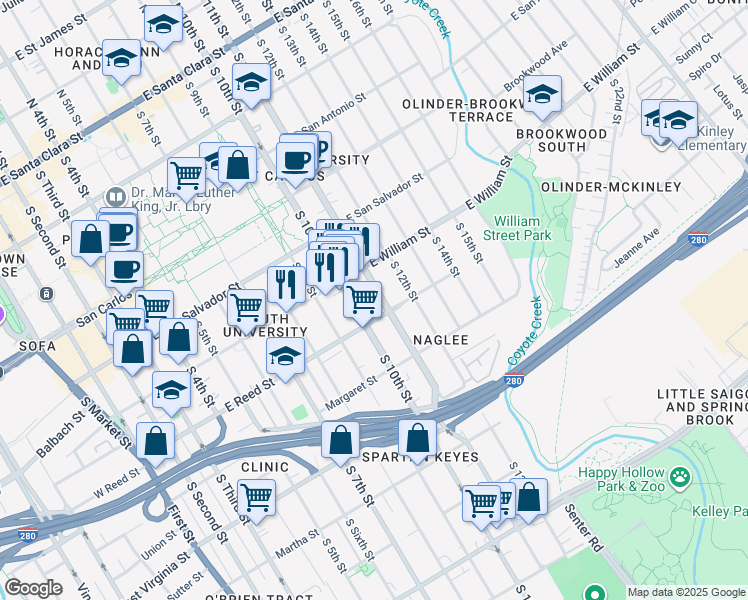 map of restaurants, bars, coffee shops, grocery stores, and more near 485 East Reed Street in San Jose