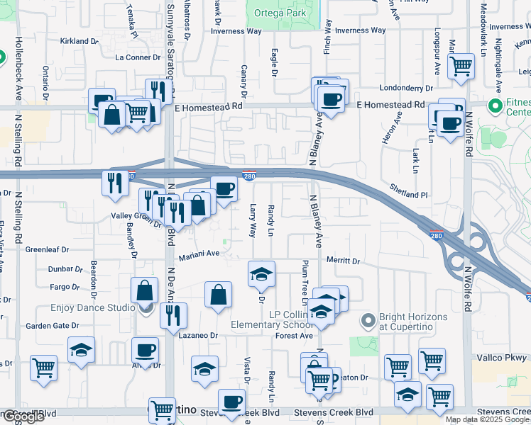 map of restaurants, bars, coffee shops, grocery stores, and more near 10629 Randy Lane in Cupertino