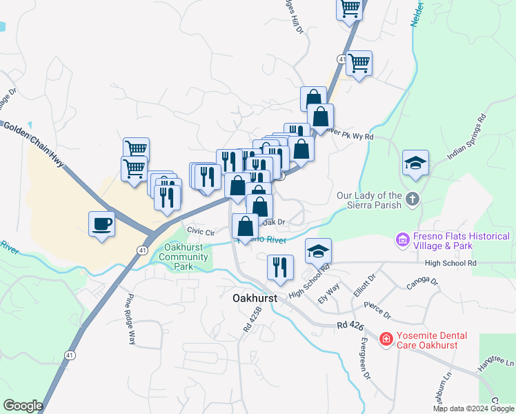 map of restaurants, bars, coffee shops, grocery stores, and more near 49271 Golden Oak Drive in Oakhurst