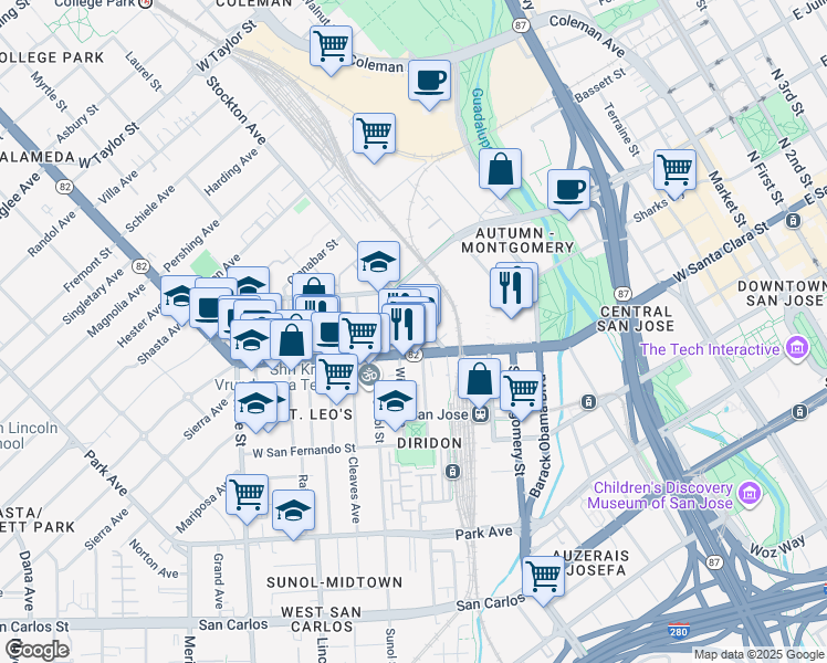 map of restaurants, bars, coffee shops, grocery stores, and more near 763 The Alameda in San Jose