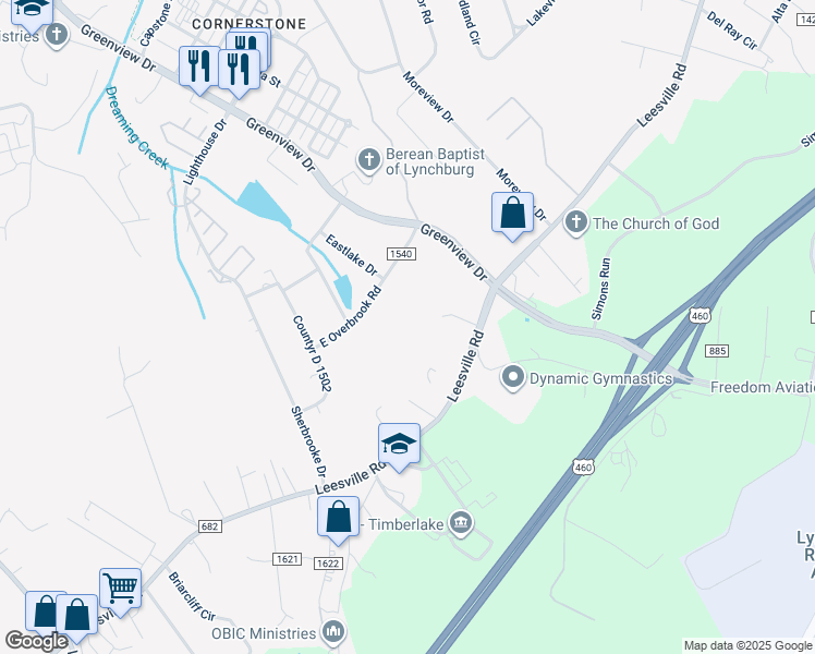 map of restaurants, bars, coffee shops, grocery stores, and more near 20338 Leesville Road in Lynchburg