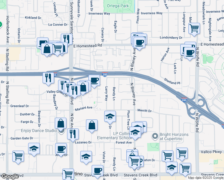 map of restaurants, bars, coffee shops, grocery stores, and more near in Cupertino