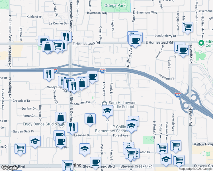 map of restaurants, bars, coffee shops, grocery stores, and more near 10656 Larry Way in Cupertino