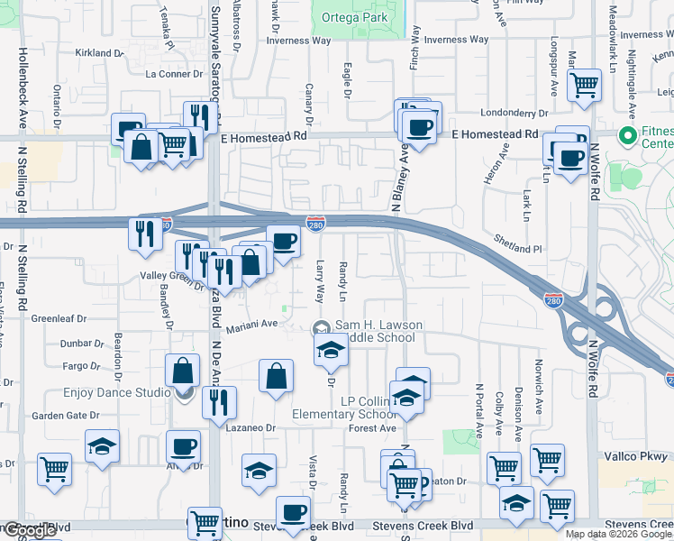 map of restaurants, bars, coffee shops, grocery stores, and more near 10657 Randy Lane in Cupertino