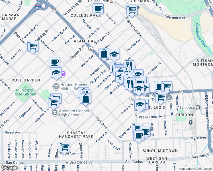 map of restaurants, bars, coffee shops, grocery stores, and more near 1201 Hester Avenue in San Jose