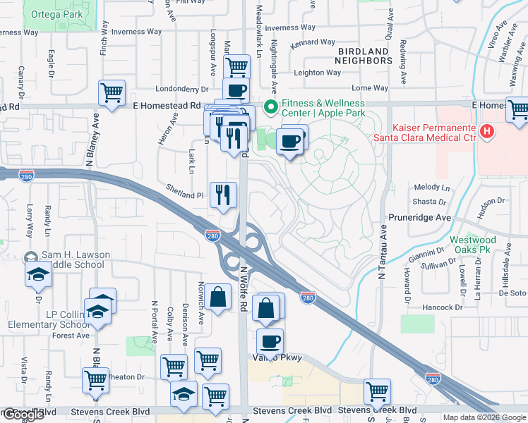 map of restaurants, bars, coffee shops, grocery stores, and more near 19500 Pruneridge Avenue in Cupertino