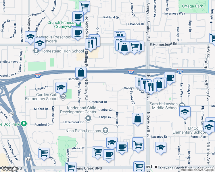 map of restaurants, bars, coffee shops, grocery stores, and more near 17 Valley Green Drive in Cupertino