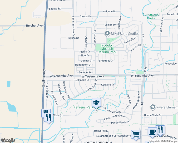 map of restaurants, bars, coffee shops, grocery stores, and more near 1336 Belmont Drive in Merced