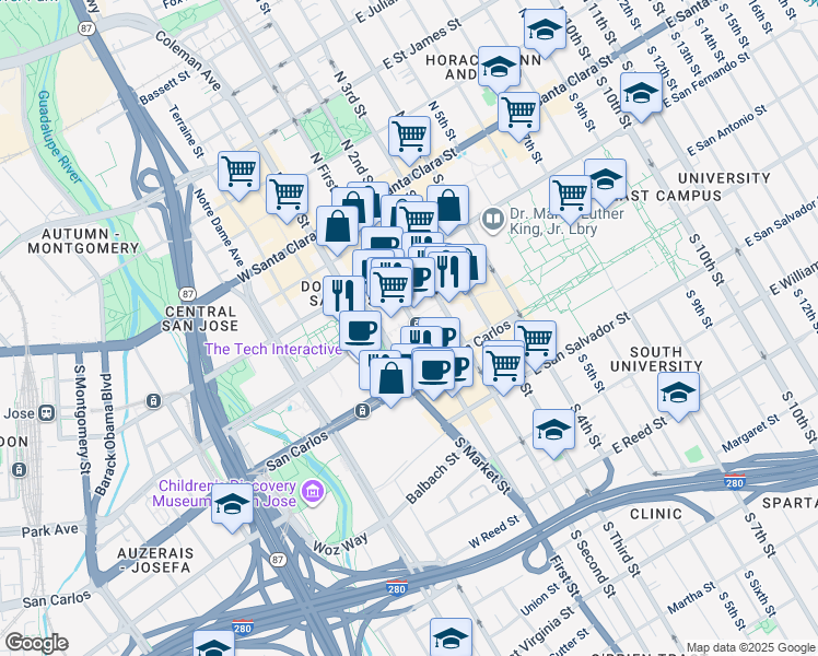 map of restaurants, bars, coffee shops, grocery stores, and more near 200 South Market Street in San Jose