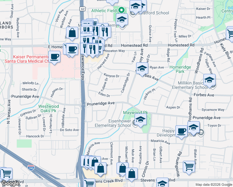 map of restaurants, bars, coffee shops, grocery stores, and more near 3421 Pruneridge Avenue in Santa Clara
