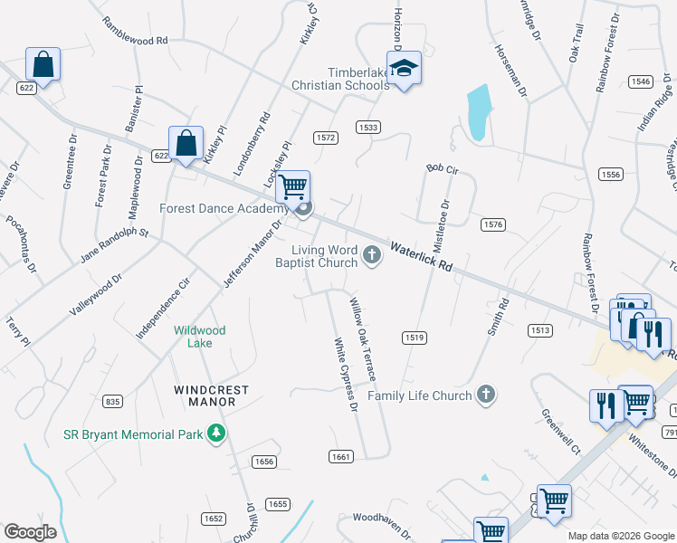 map of restaurants, bars, coffee shops, grocery stores, and more near 108 Willow Oak Terrace in Forest