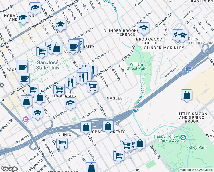 map of restaurants, bars, coffee shops, grocery stores, and more near South 12th Street in San Jose