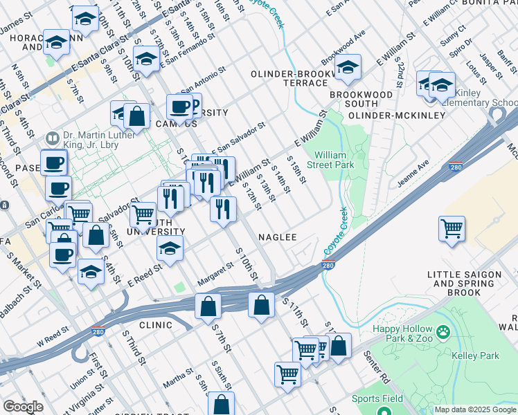 map of restaurants, bars, coffee shops, grocery stores, and more near South 12th Street in San Jose