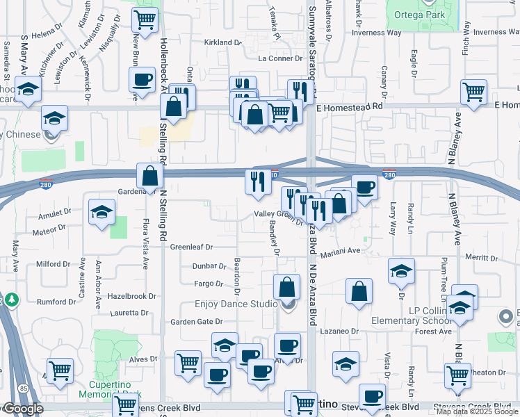 map of restaurants, bars, coffee shops, grocery stores, and more near 20105 Valley Green Drive in Cupertino