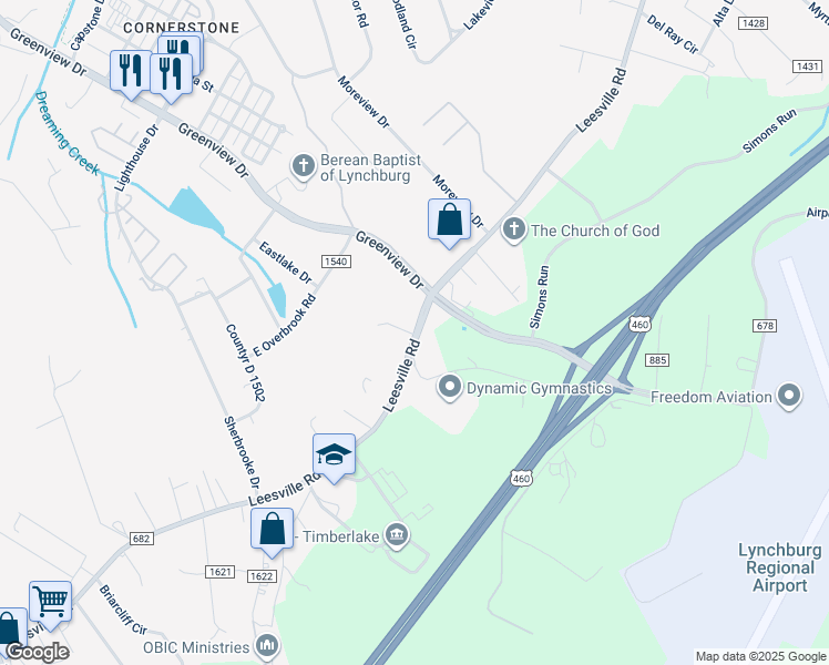 map of restaurants, bars, coffee shops, grocery stores, and more near 20338 Leesville Road in Lynchburg