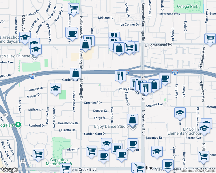 map of restaurants, bars, coffee shops, grocery stores, and more near 20875 Valley Green Drive in Cupertino