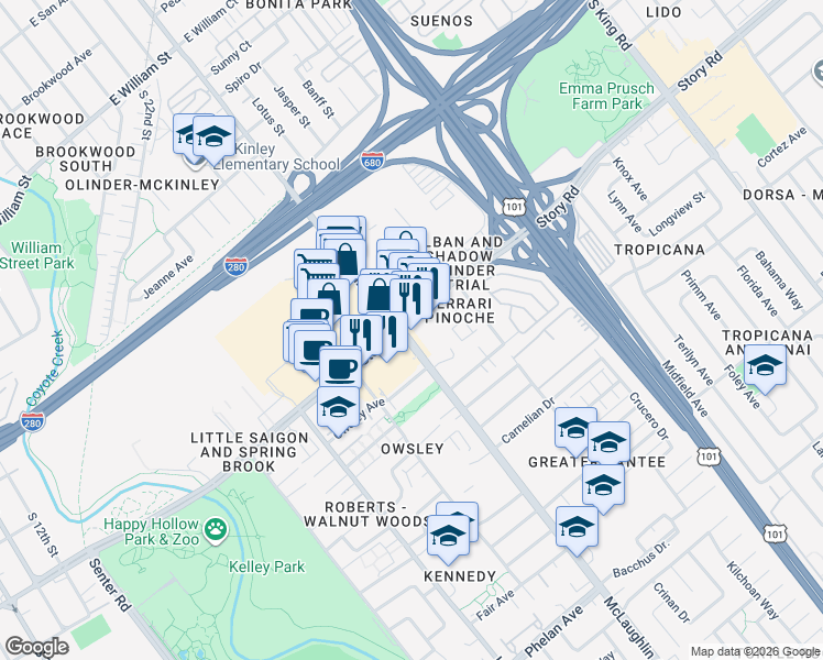 map of restaurants, bars, coffee shops, grocery stores, and more near 1164b McLaughlin Avenue in San Jose