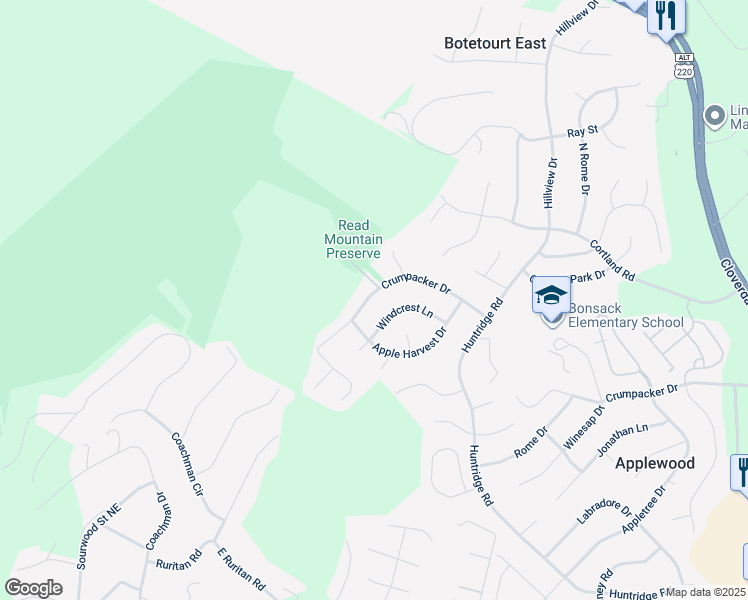 map of restaurants, bars, coffee shops, grocery stores, and more near 6108 Crumpacker Drive in Roanoke