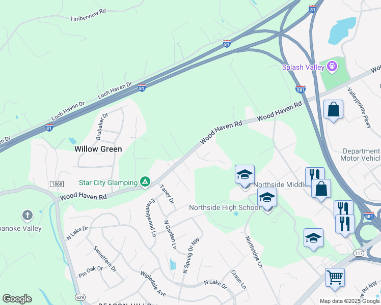 map of restaurants, bars, coffee shops, grocery stores, and more near Wood Haven Road in Roanoke
