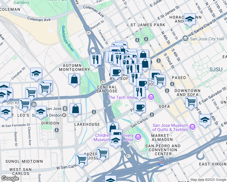 map of restaurants, bars, coffee shops, grocery stores, and more near 99 Almaden Boulevard in San Jose