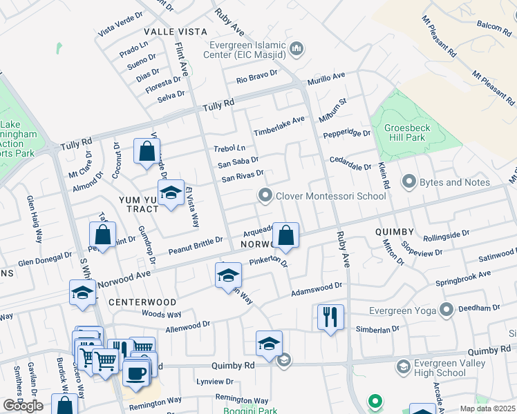 map of restaurants, bars, coffee shops, grocery stores, and more near 3344 Quesada Drive in San Jose