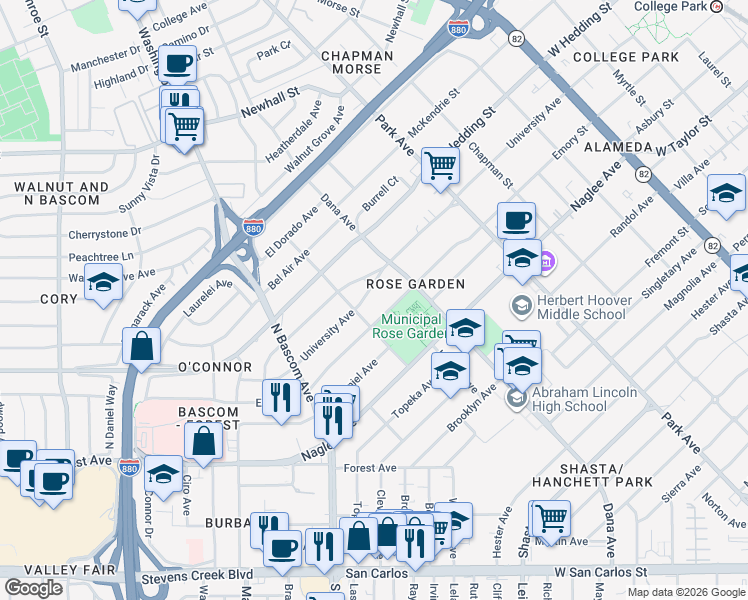 map of restaurants, bars, coffee shops, grocery stores, and more near 1695 Emory Street in San Jose