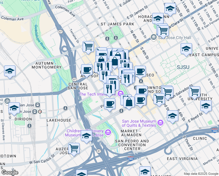 map of restaurants, bars, coffee shops, grocery stores, and more near in San Jose