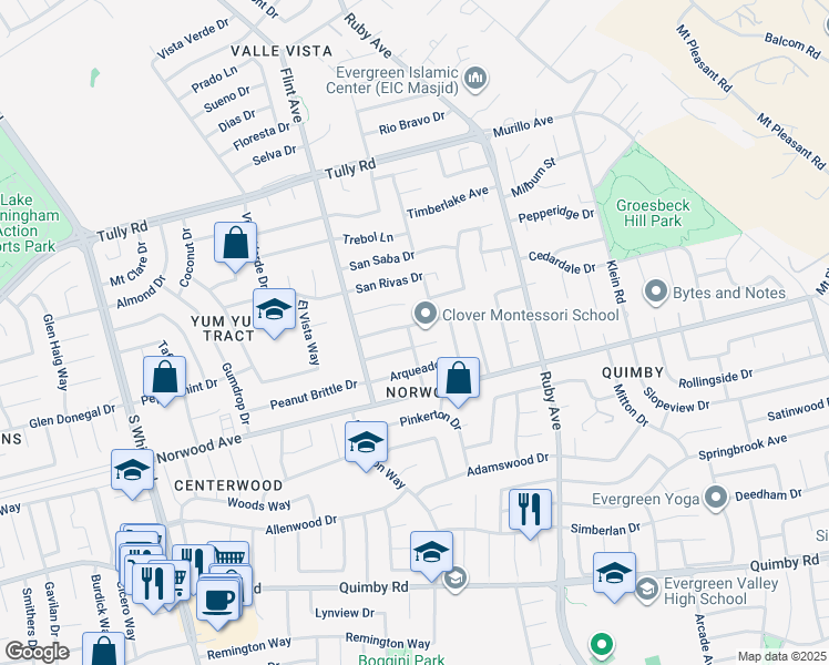 map of restaurants, bars, coffee shops, grocery stores, and more near 3344 Quesada Drive in San Jose