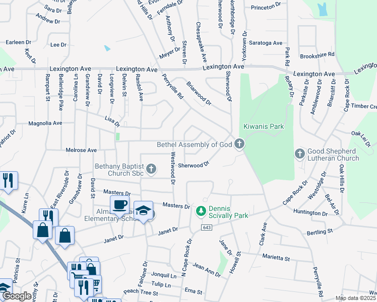 map of restaurants, bars, coffee shops, grocery stores, and more near 1811 West Weissinger Lane in Cape Girardeau