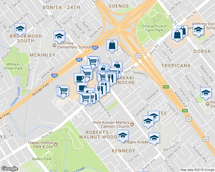 map of restaurants, bars, coffee shops, grocery stores, and more near 951 Mc Laughlin Ave in San Jose