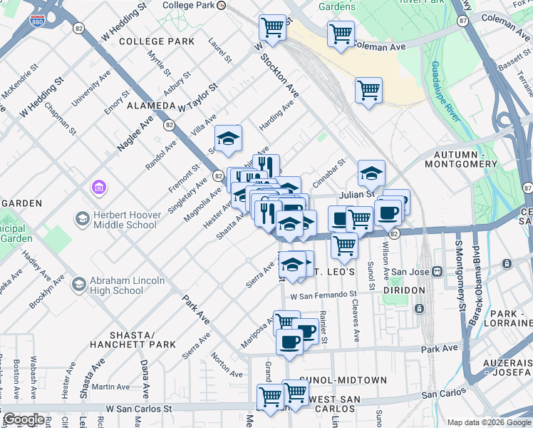 map of restaurants, bars, coffee shops, grocery stores, and more near 1250 The Alameda in San Jose