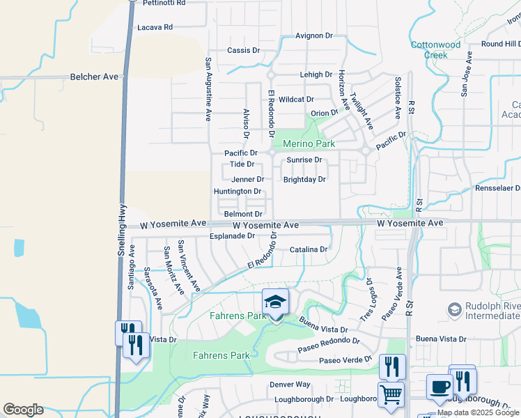 map of restaurants, bars, coffee shops, grocery stores, and more near 1336 Belmont Drive in Merced
