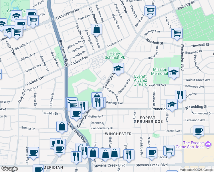 map of restaurants, bars, coffee shops, grocery stores, and more near 409 Saratoga Avenue in Santa Clara