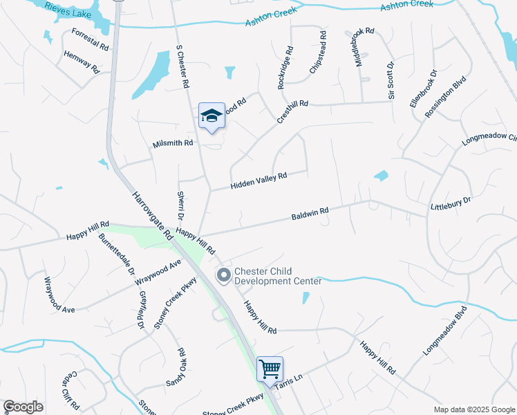 map of restaurants, bars, coffee shops, grocery stores, and more near 4020 Baldwin Road in Chester