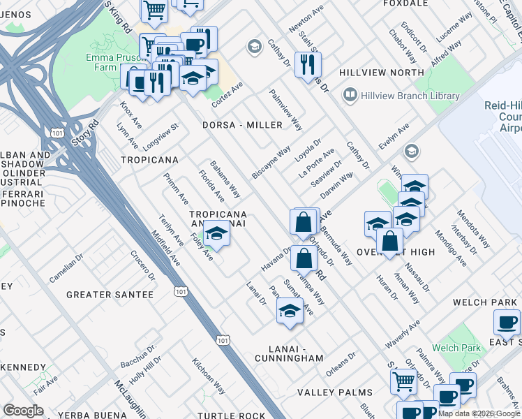 map of restaurants, bars, coffee shops, grocery stores, and more near 1709 South King Road in San Jose