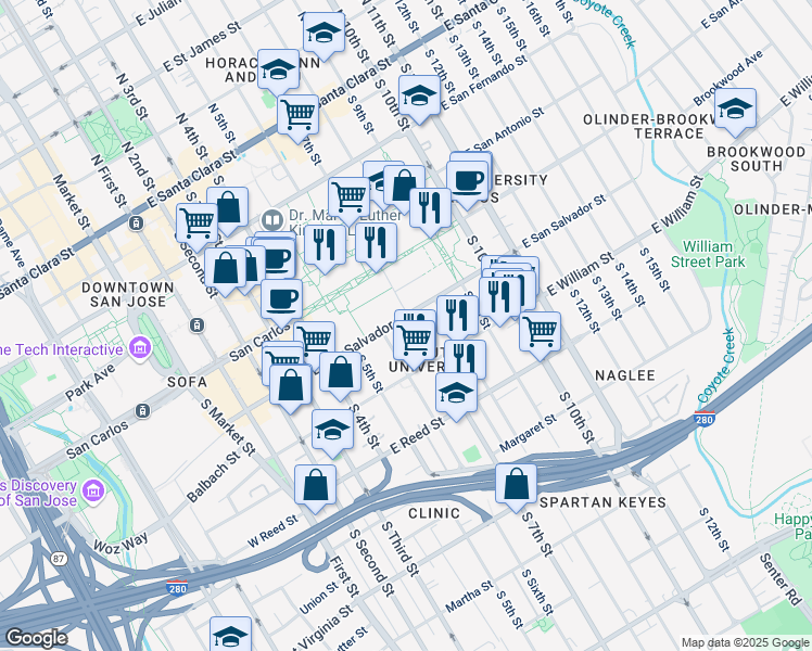 map of restaurants, bars, coffee shops, grocery stores, and more near 463 South 7th Street in San Jose