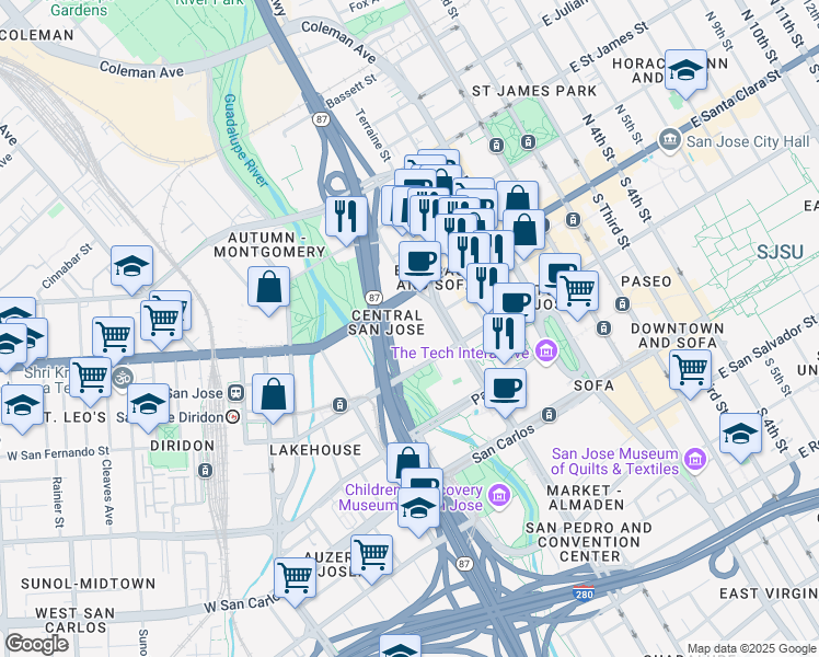 map of restaurants, bars, coffee shops, grocery stores, and more near in San Jose