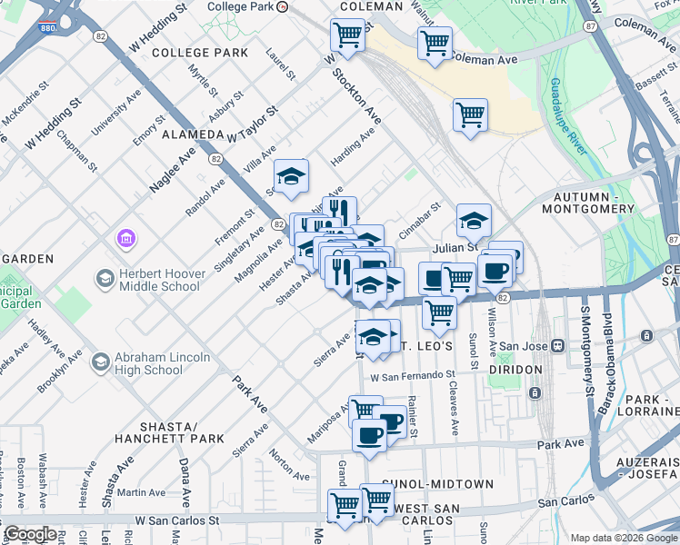 map of restaurants, bars, coffee shops, grocery stores, and more near 1250 The Alameda in San Jose