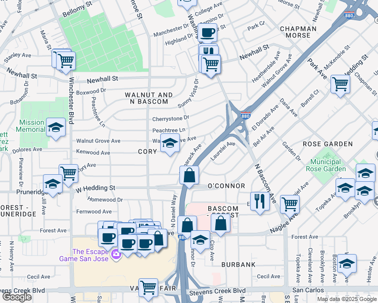 map of restaurants, bars, coffee shops, grocery stores, and more near 916 Tamarack Avenue in San Jose