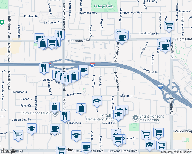 map of restaurants, bars, coffee shops, grocery stores, and more near 10629 Randy Lane in Cupertino