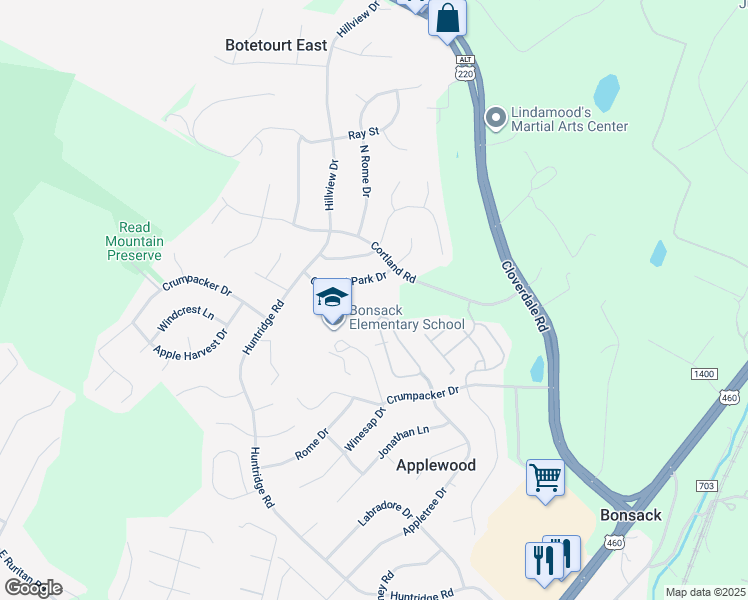 map of restaurants, bars, coffee shops, grocery stores, and more near 5520 Orchard Villas Circle in Roanoke