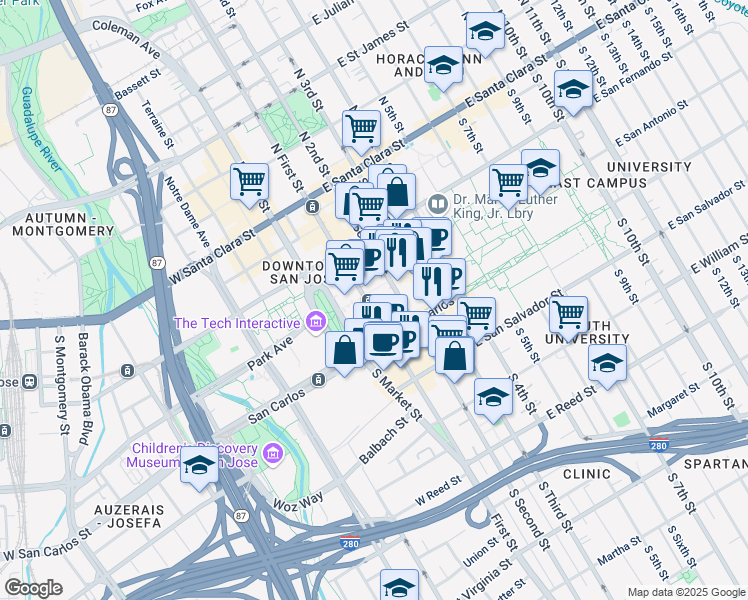 map of restaurants, bars, coffee shops, grocery stores, and more near 210 South 1st Street in San Jose