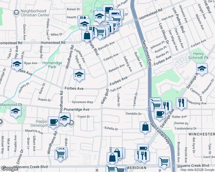 map of restaurants, bars, coffee shops, grocery stores, and more near Kiely Blvd & Forbes Ave in Santa Clara